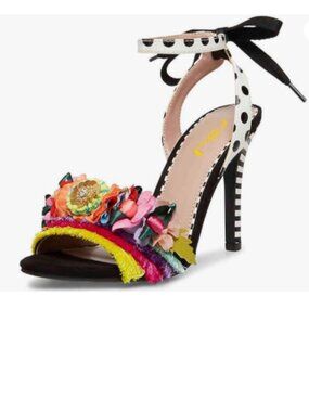 FSJ Black Floral Stiletto High Heel Ankle Strap Sandals Open Toe Polka Dot, Shoe